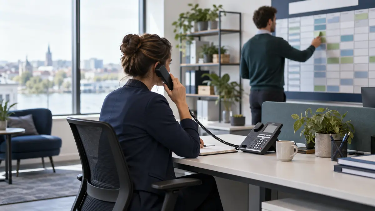 Staffing coordinator taking a phone call while a colleague updates a shift board