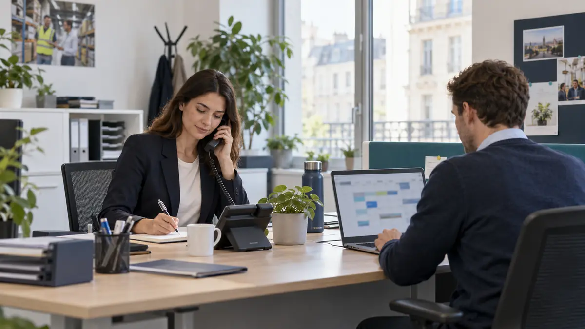 Staffing coordinators handling a phone request beside a work schedule