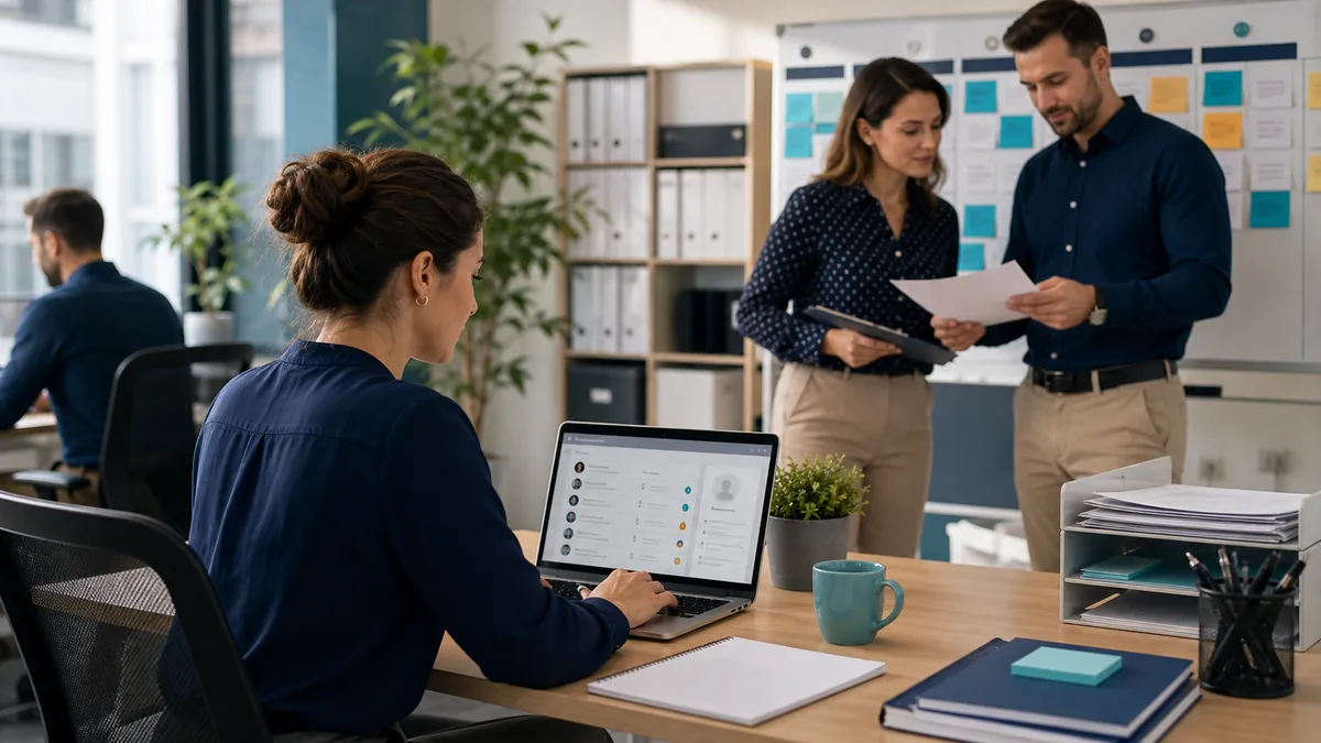 Recruiters van een staffingbureau die actuele kandidaatbeschikbaarheid en opvolgprioriteiten bespreken