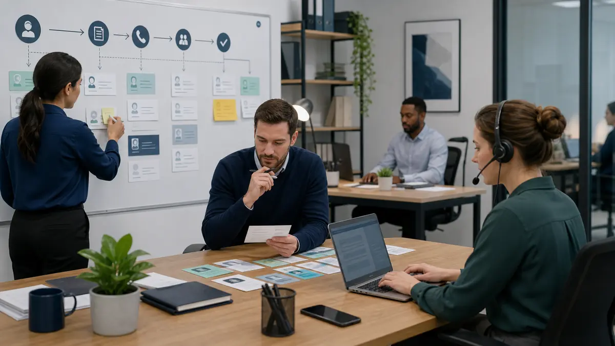 Recruitmentteam dat een gestructureerde kandidaatintake-workflow bespreekt op kantoor