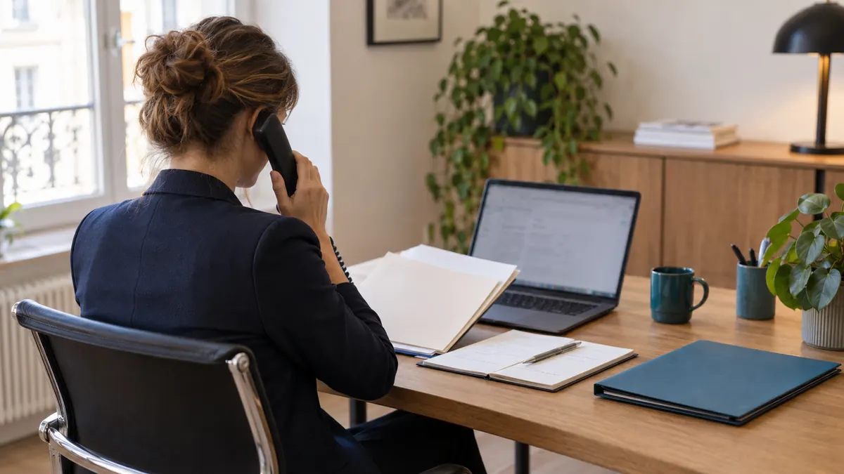 Recruiter making a reference-check phone call while reviewing a folder in a quiet office