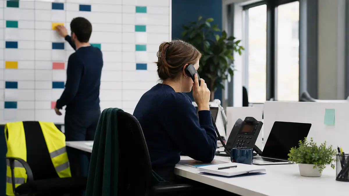 Staffing coordinators handling a last-minute shift cancellation beside an abstract shift planning board