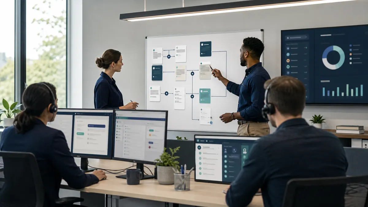 Staffingteam dat CRM-automatiseringsregels en recruiterworkflow beoordeelt in een modern kantoor