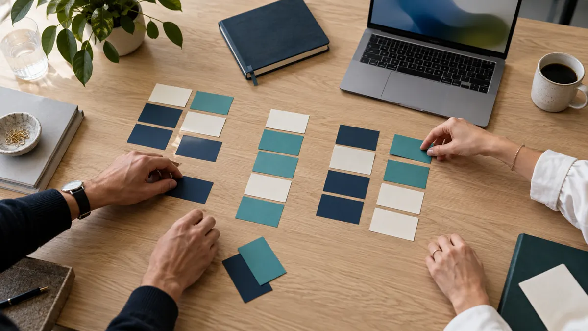 Recruiters grouping blank cards to organize a shared skills vocabulary at an office desk