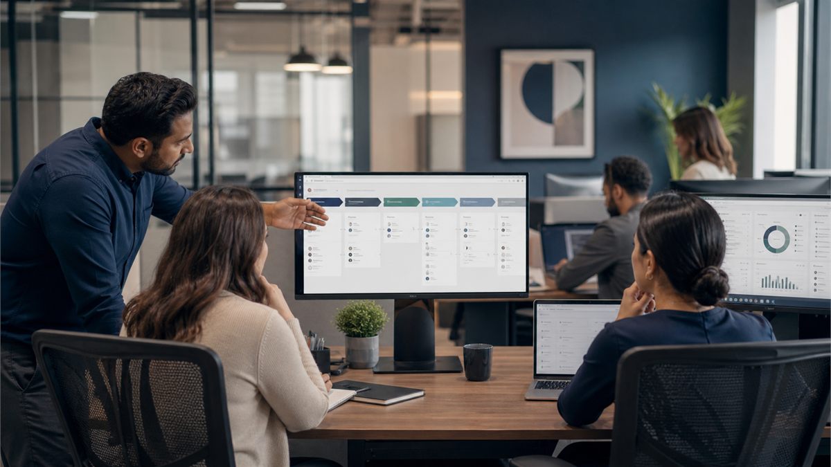 Recruitmentteam dat gestructureerde CRM-pipelinestappen bekijkt in een modern kantoor