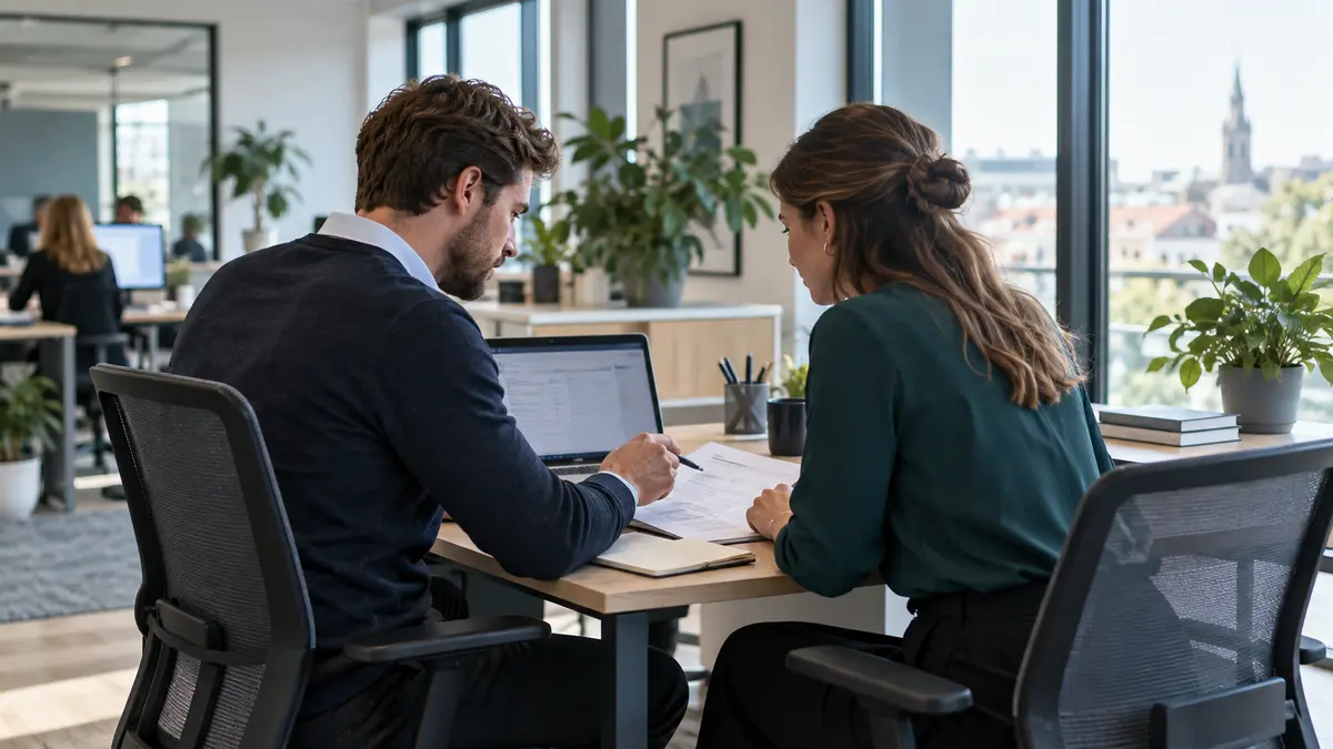 Two staffing colleagues reviewing a job brief together in a modern office